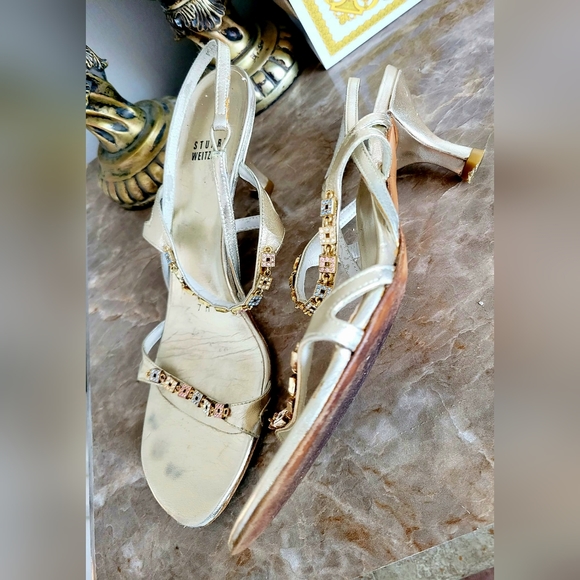 Stuart Weitzman Crystal/Rhinestone Embellished Sandal Kitten Heel PlatinumGold 7 - Picture 10 of 16